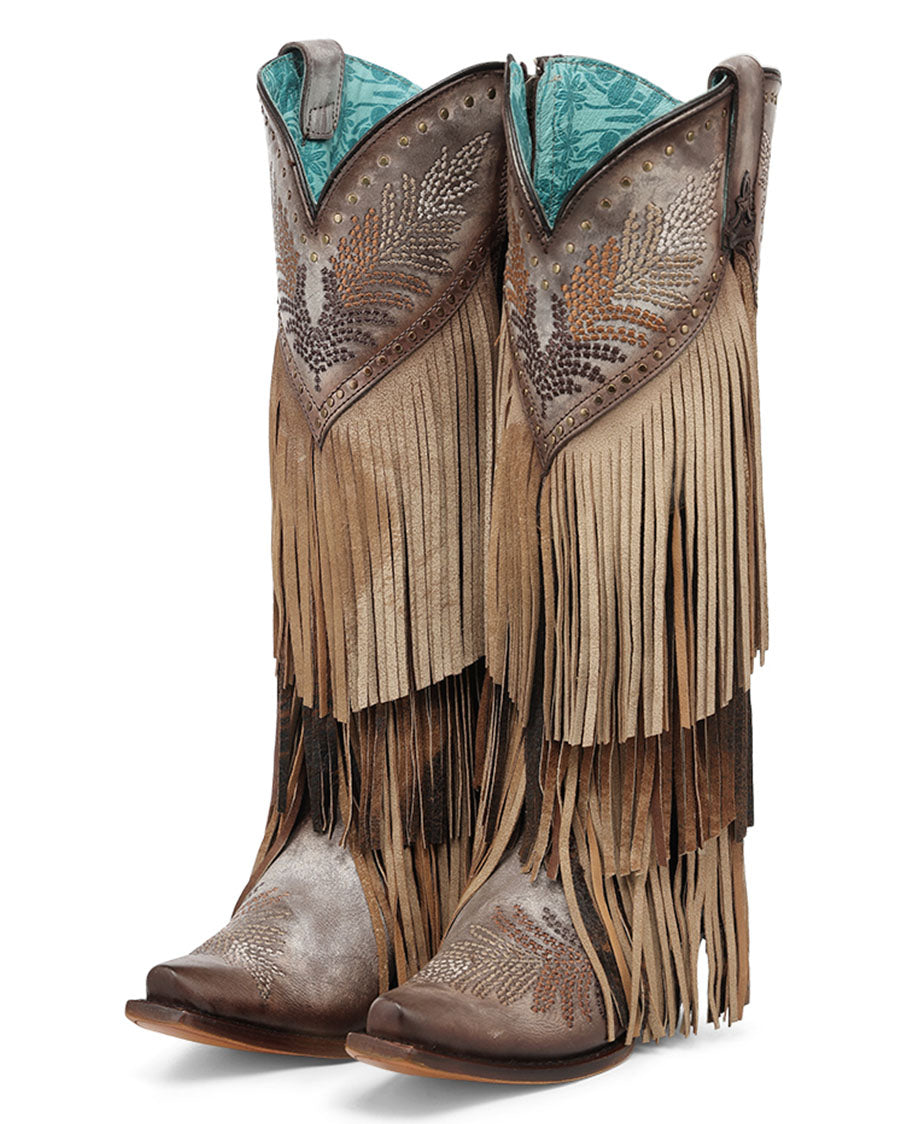 Women's Brown Overlay Embroidery Studs And Fringe Tall Top Snip Toe Western Boots - A5244