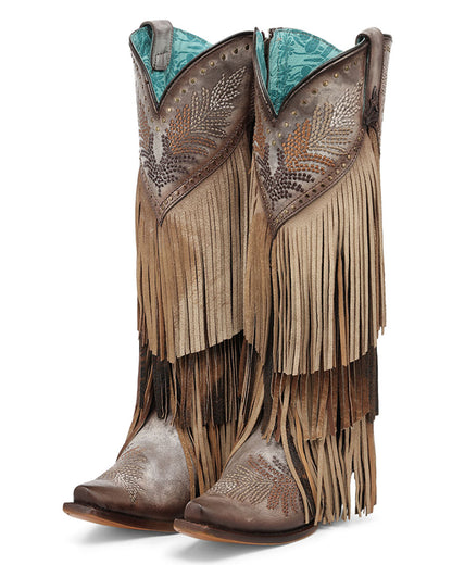 Women's Brown Overlay Embroidery Studs And Fringe Tall Top Snip Toe Western Boots - A5244