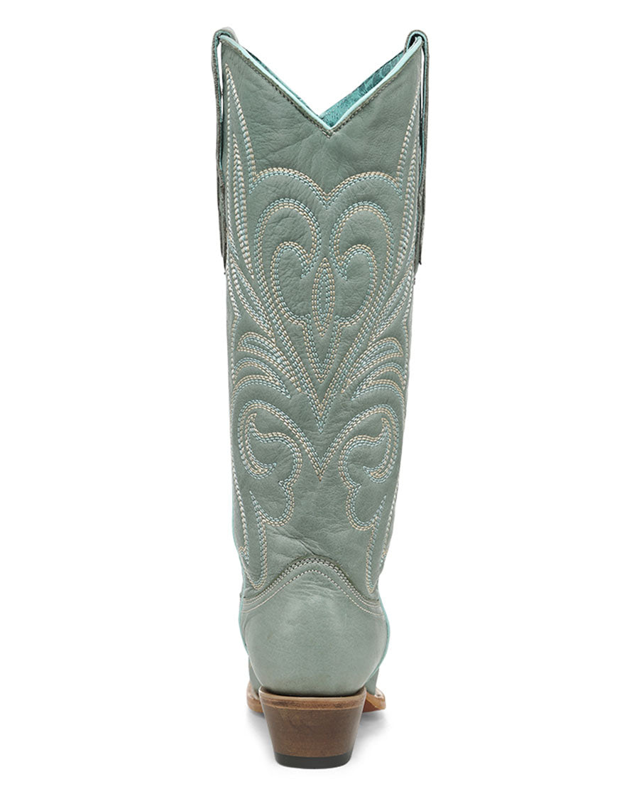 Women's Aqua Curved Embroidery Patterned Tall Top Snip Toe Western Boots - Z5594