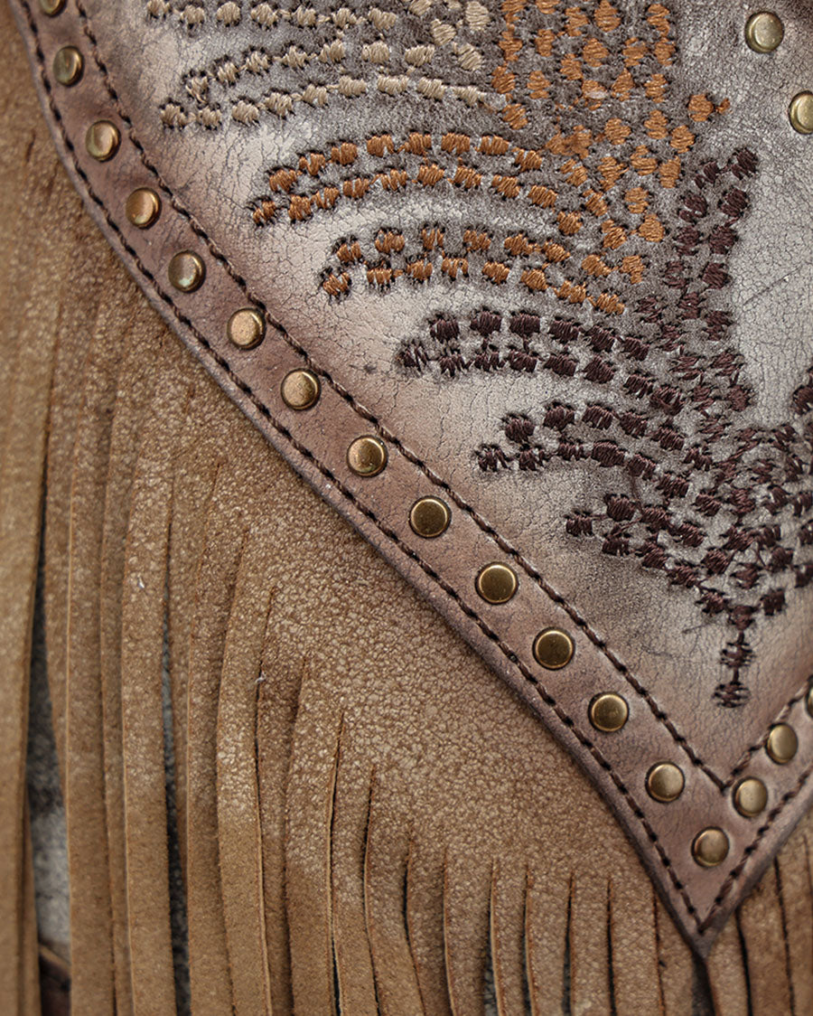Women's Brown Overlay Embroidery Studs And Fringe Tall Top Snip Toe Western Boots - A5244