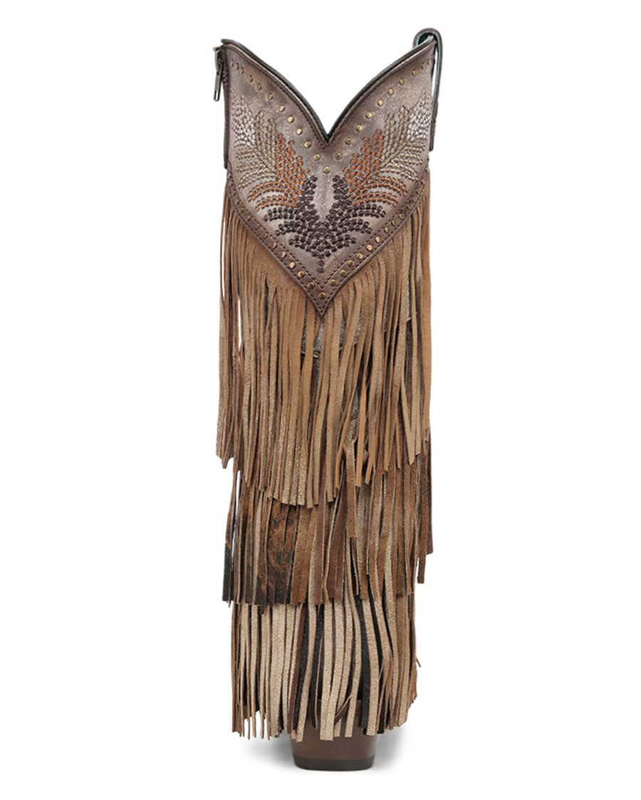 Women's Brown Overlay Embroidery Studs And Fringe Tall Top Snip Toe Western Boots - A5244