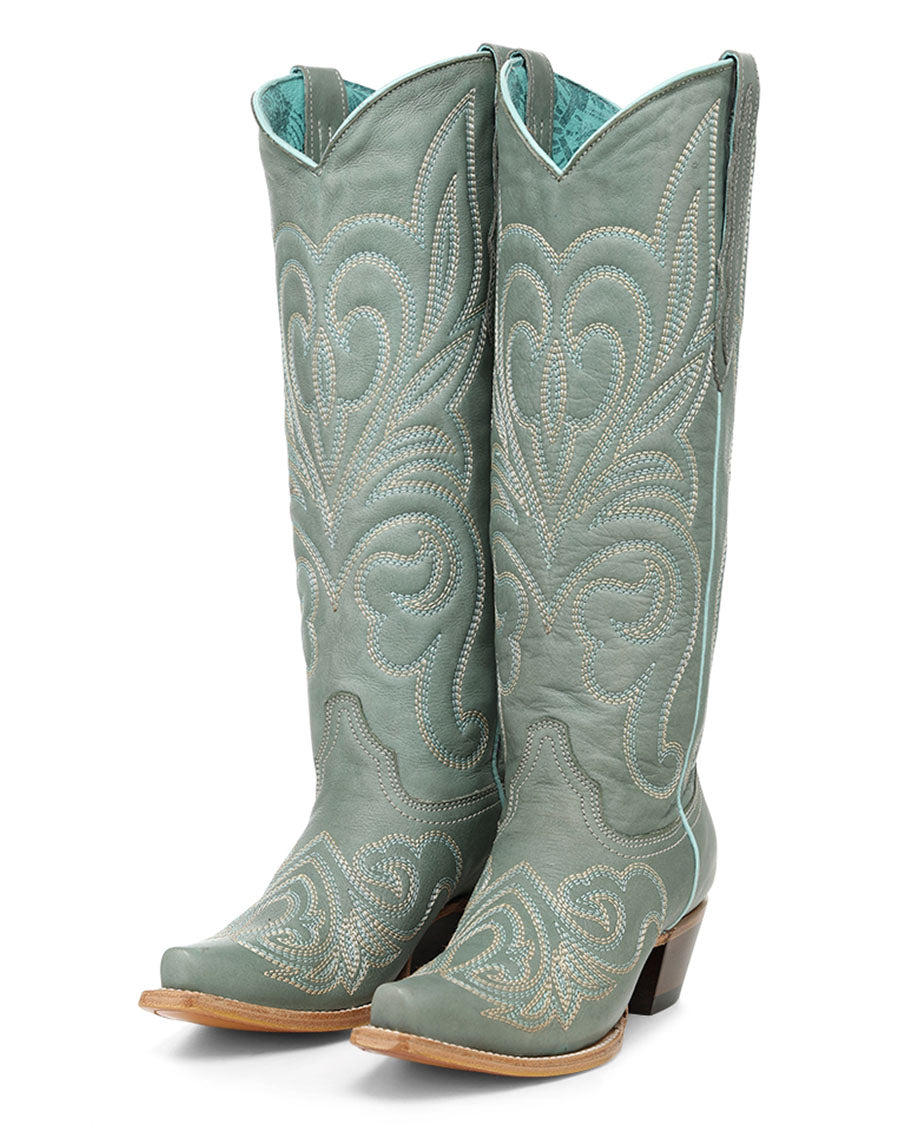 Women's Aqua Curved Embroidery Patterned Tall Top Snip Toe Western Boots - Z5594