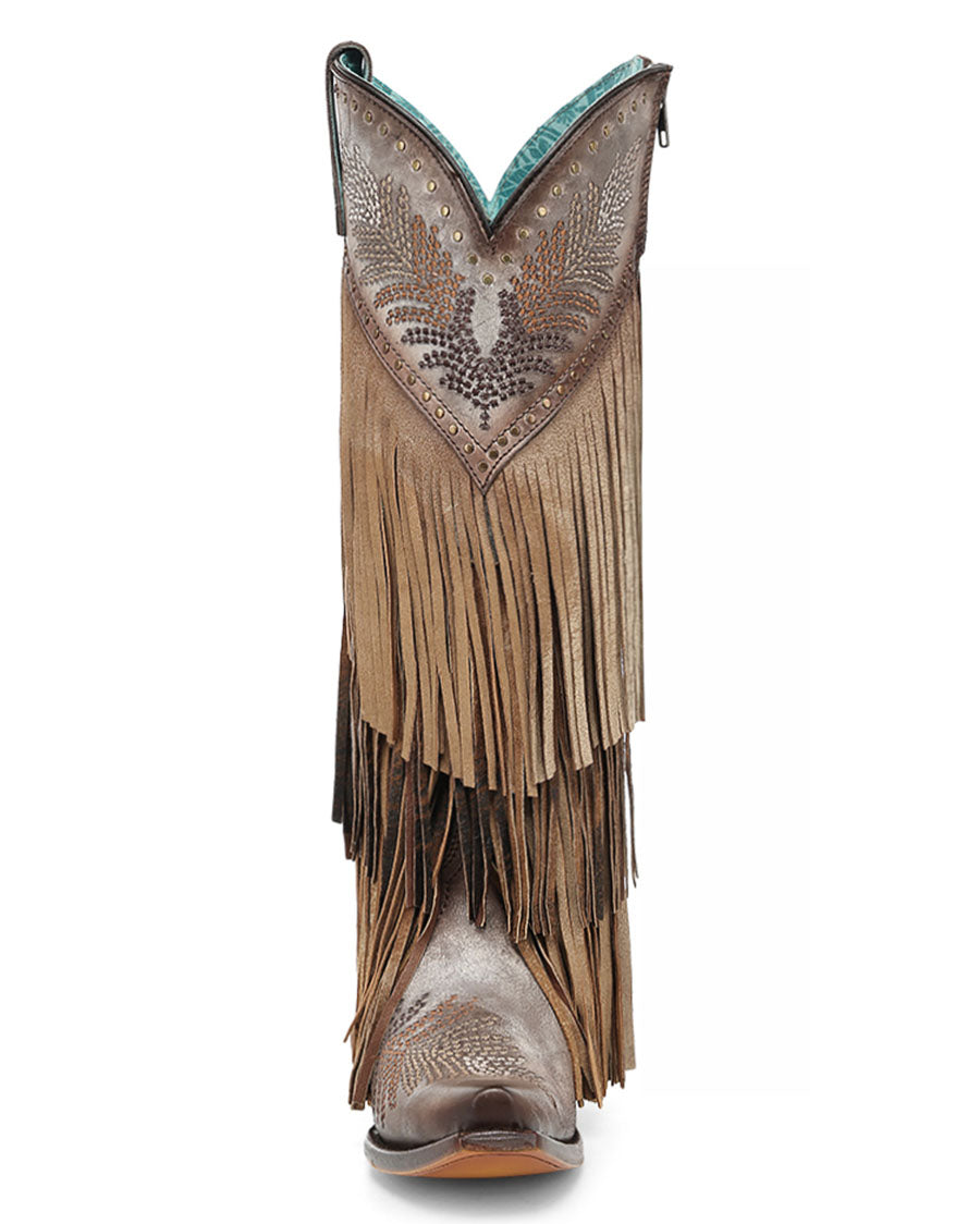 Women's Brown Overlay Embroidery Studs And Fringe Tall Top Snip Toe Western Boots - A5244