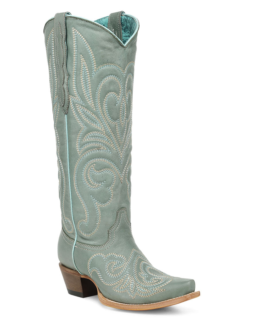 Women's Aqua Curved Embroidery Patterned Tall Top Snip Toe Western Boots - Z5594