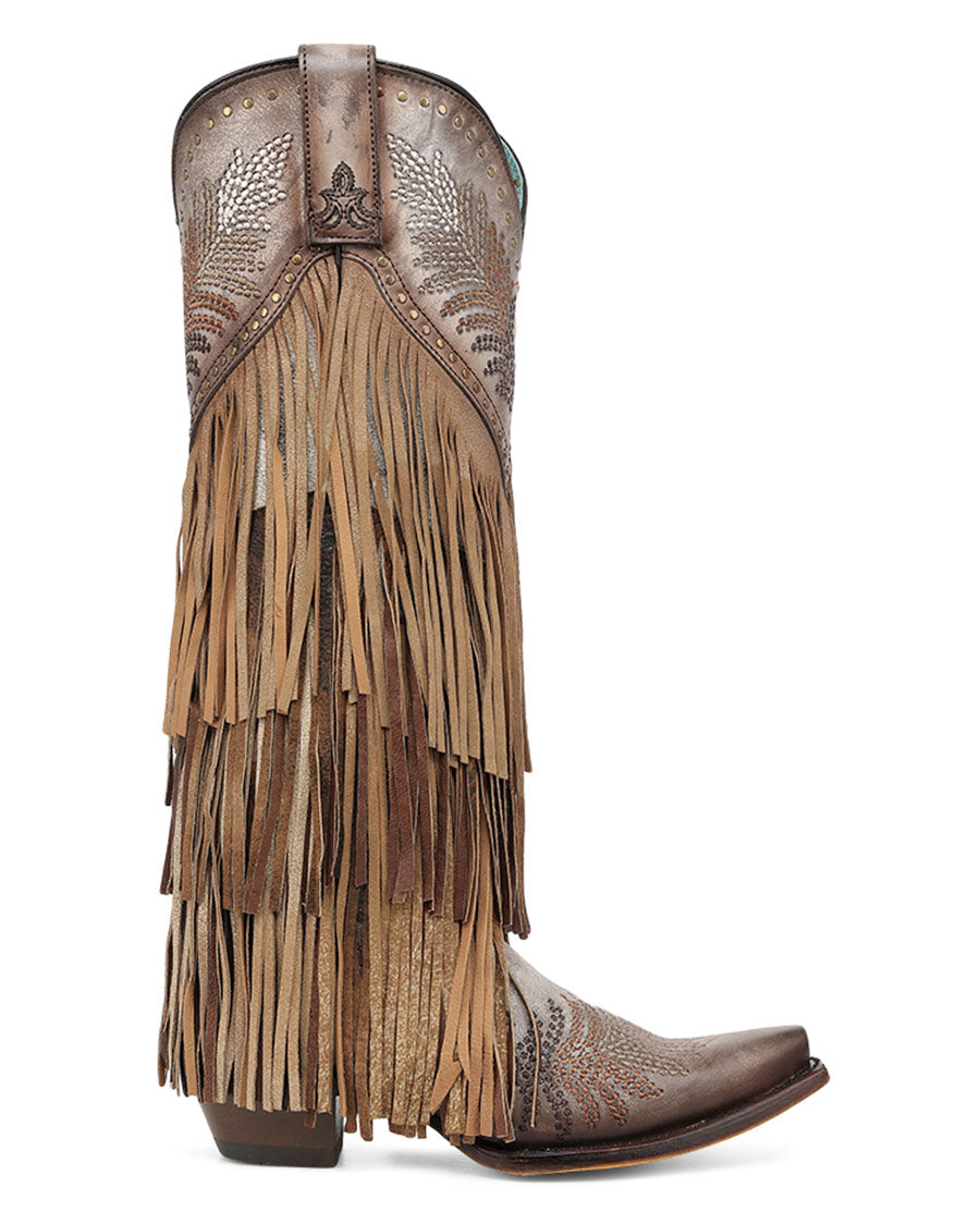 Women's Brown Overlay Embroidery Studs And Fringe Tall Top Snip Toe Western Boots - A5244