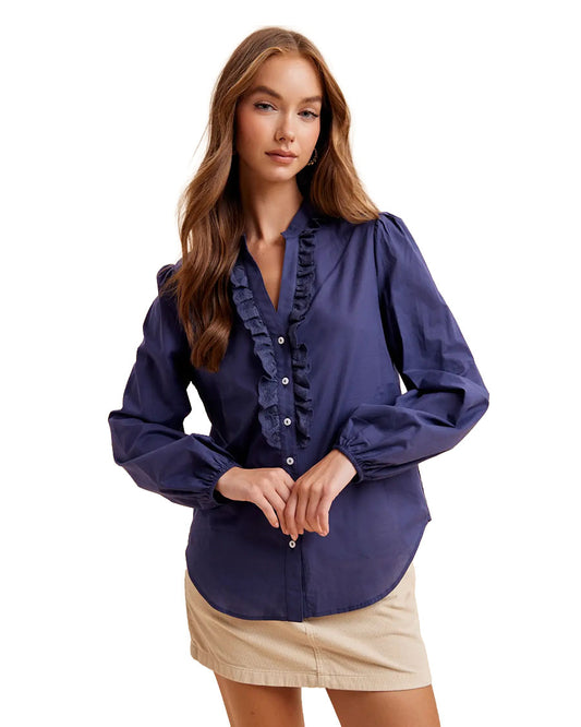 Women's Ruffled Cotton Blouse - Il7087-Dark-Navy