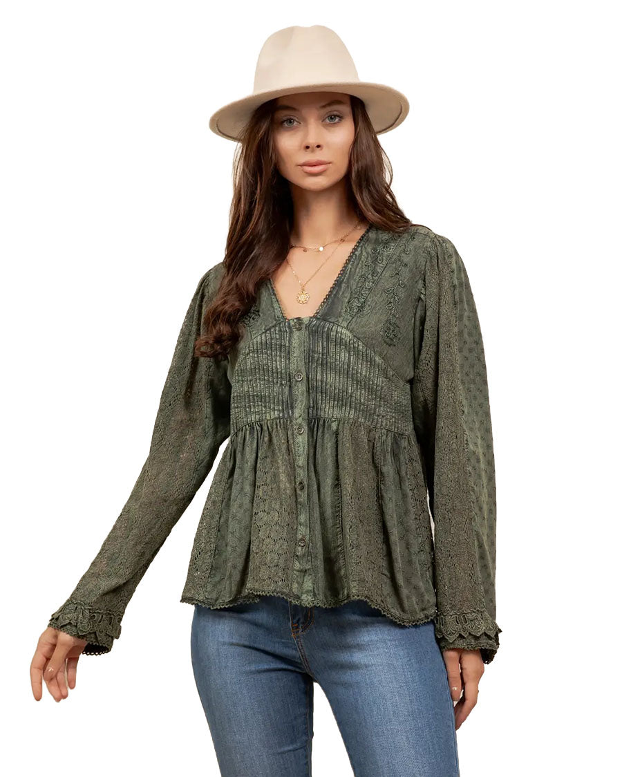 Women's Vintage Boho Embroidered Lace V-Neck Peplum Top - Tp56361-Basil