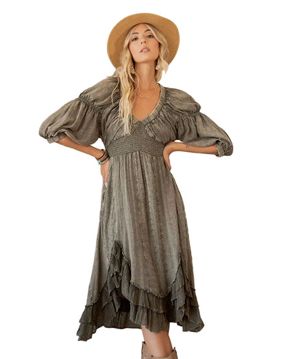 Women's Sheared & Elasticated V-Neck Dress - Dr23677-Gravel by Young Threads from Skip’s Western Outfitters | YGT-DR23677-GRAVEL-S