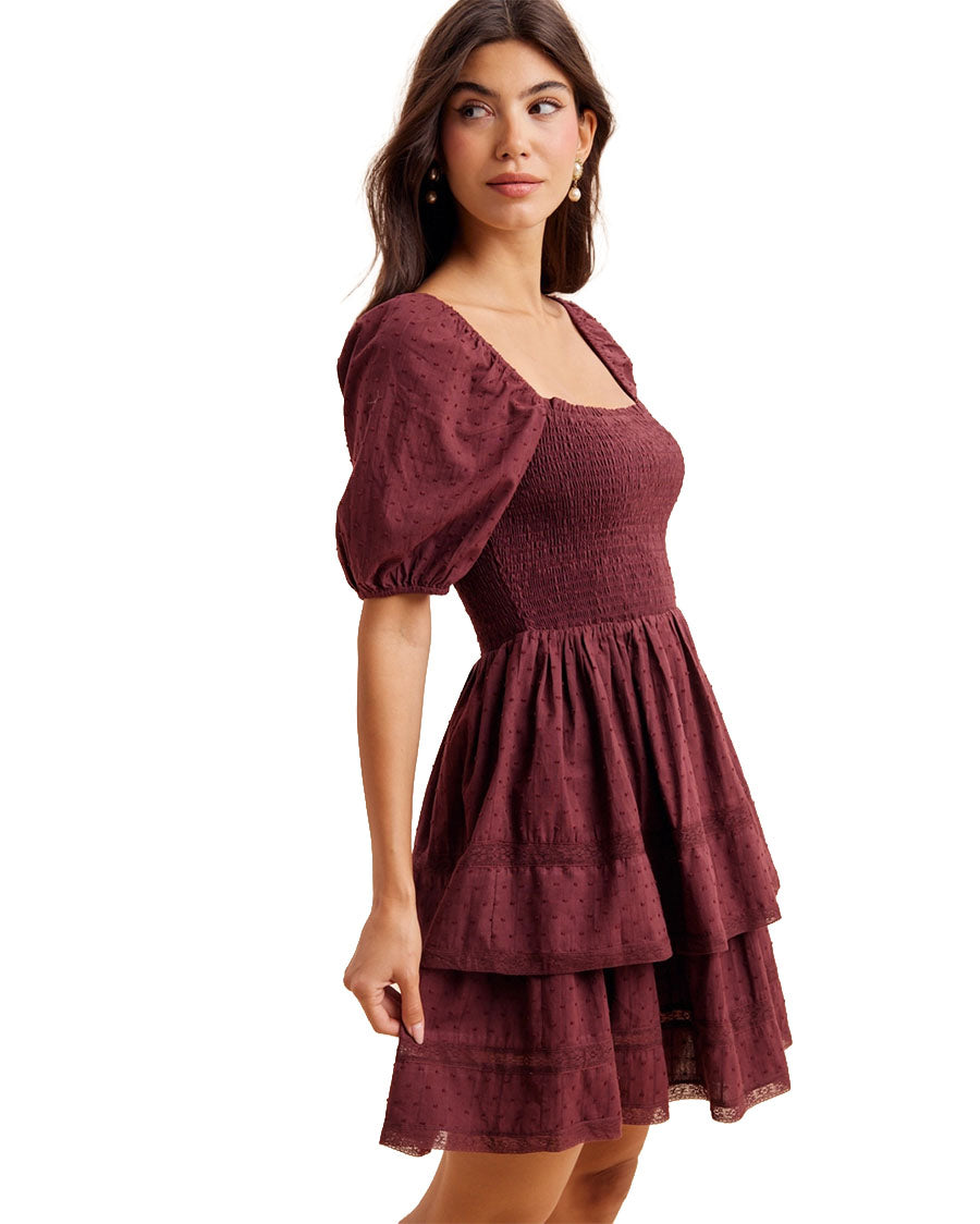 Women's Smocked Eyelet Tiered Mini Dress - Ild6998-Plum-Noir