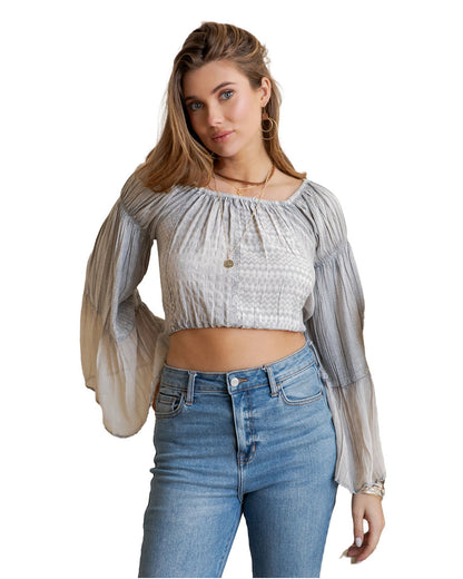 Women's Boho Off-The-Shoulder Patchwork Crop Top With Bell Sleeves - Tp56329-Grey by Young Threads from Skip’s Western Outfitters | YGT-TP56329-GREY-S