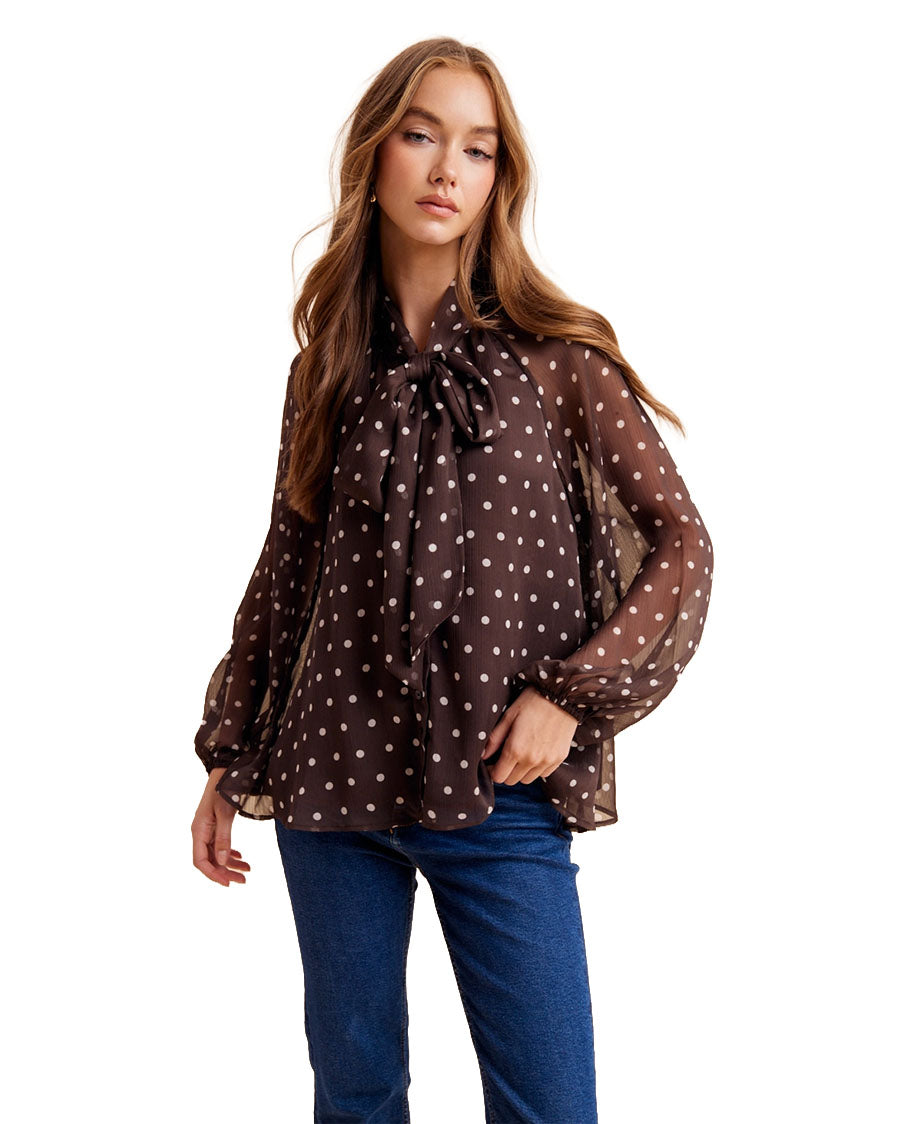 Women's Polka Dot Tie Neck Blouse - Il7097-Mocha