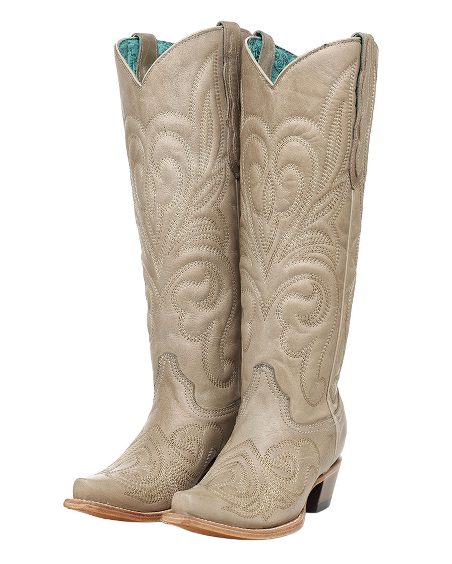 Women's Bone Curved Embroidery Pattern Tall Top Western Boots - Z5574