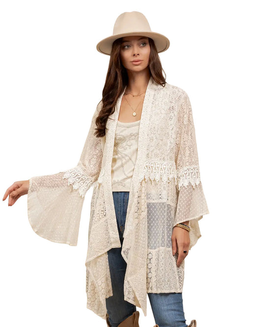 Women's Motif Embroidered Long Shrug - Tp44389-Ivory