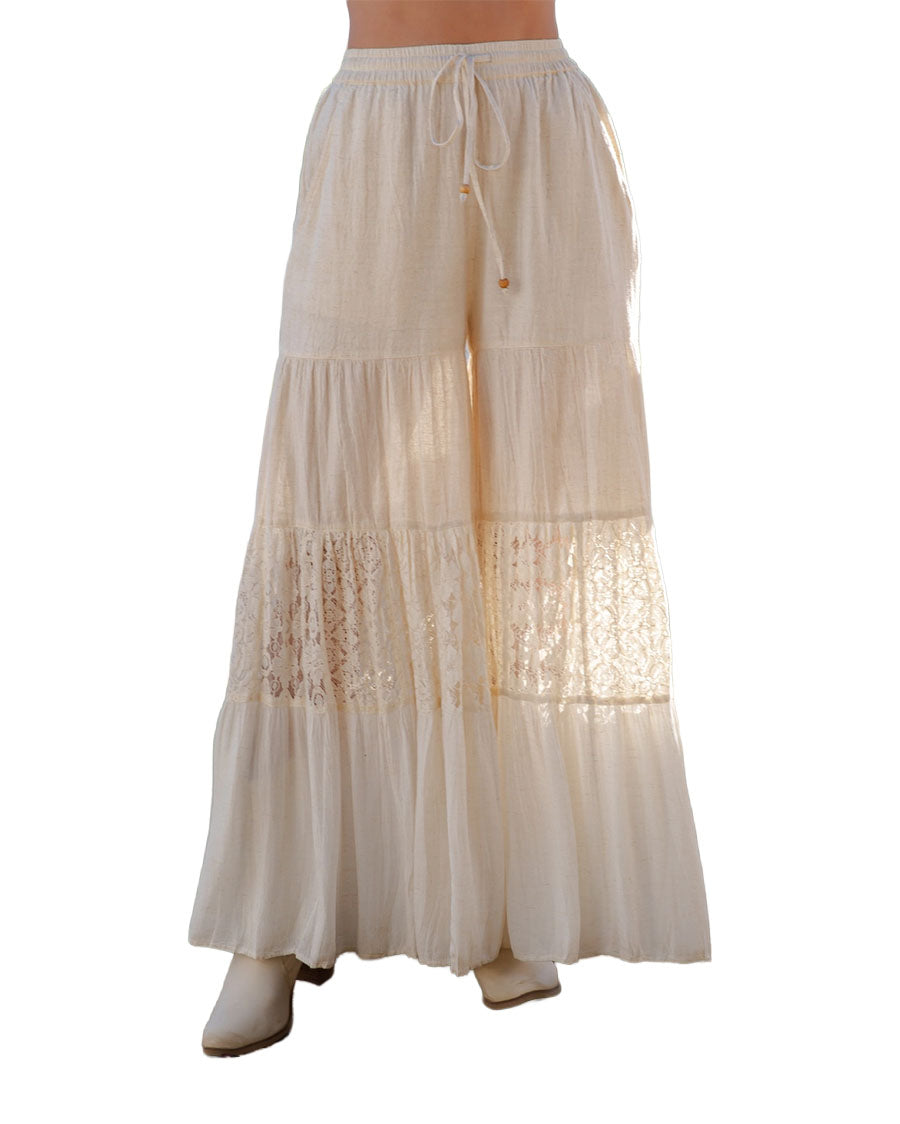 Women's Artisan Flax 4-Tier Patchwork Wide Leg Pants - Pa56705-Natural by Young Threads from Skip’s Western Outfitters | YGT-PA56705-NATURAL-S