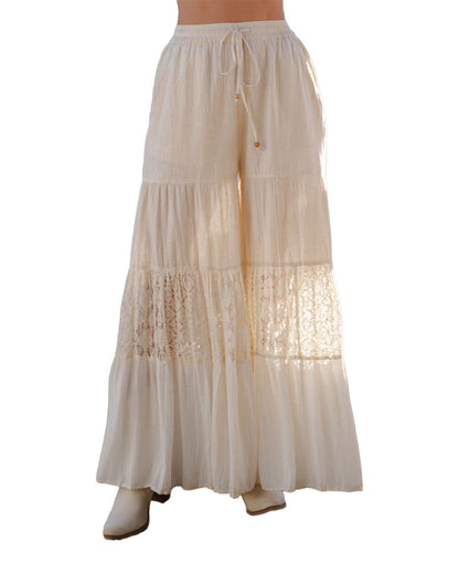 Women's Artisan Flax 4-Tier Patchwork Wide Leg Pants - Pa56705-Natural by Young Threads from Skip’s Western Outfitters | YGT-PA56705-NATURAL-S