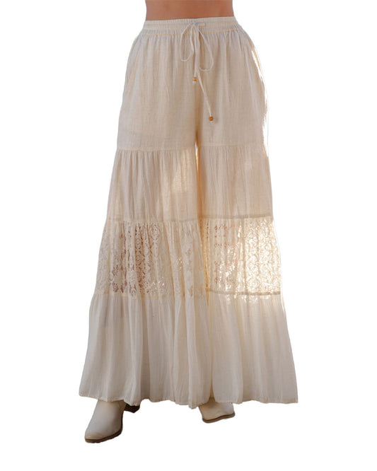 Women's Artisan Flax 4-Tier Patchwork Wide Leg Pants - Pa56705-Natural