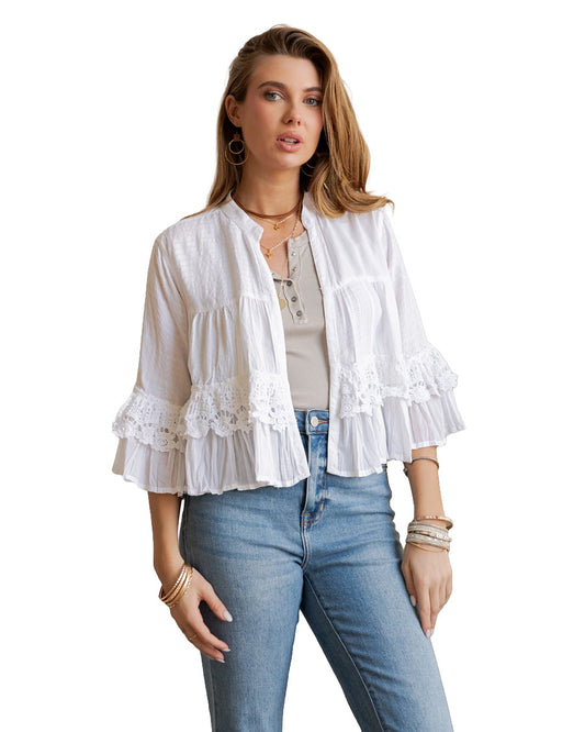 Women's Mineral Wash Tiered Crochet Lace Open Front Shrug - Tp56328-White
