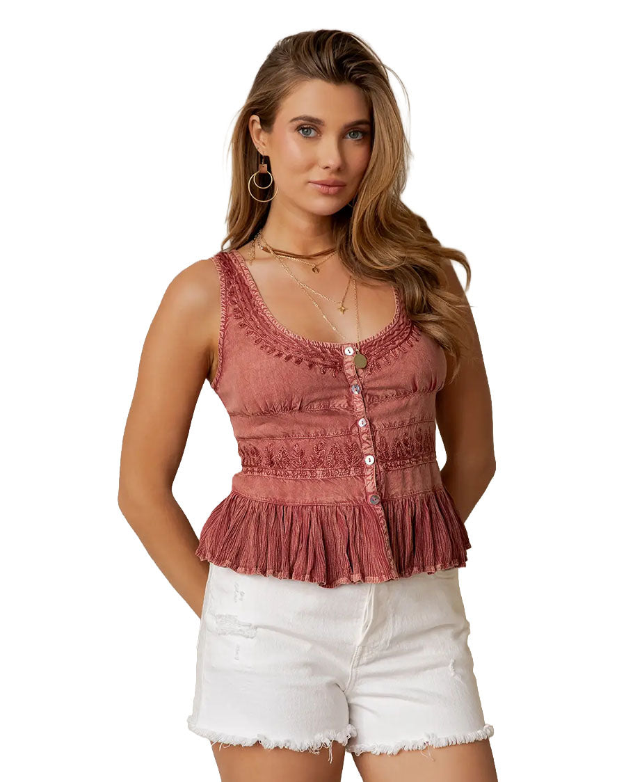 Women's Vintage-Style Embroidered Peplum Boho Tank Top - Tp56330-Garnet by Young Threads from Skip’s Western Outfitters | YGT-TP56330-GARNET-S