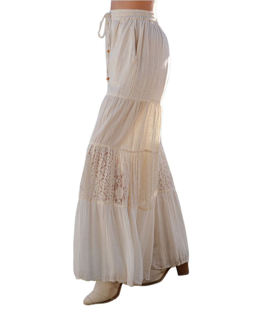Women's Artisan Flax 4-Tier Patchwork Wide Leg Pants - Pa56705-Natural