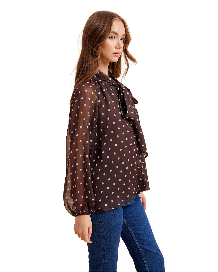 Women's Polka Dot Tie Neck Blouse - Il7097-Mocha
