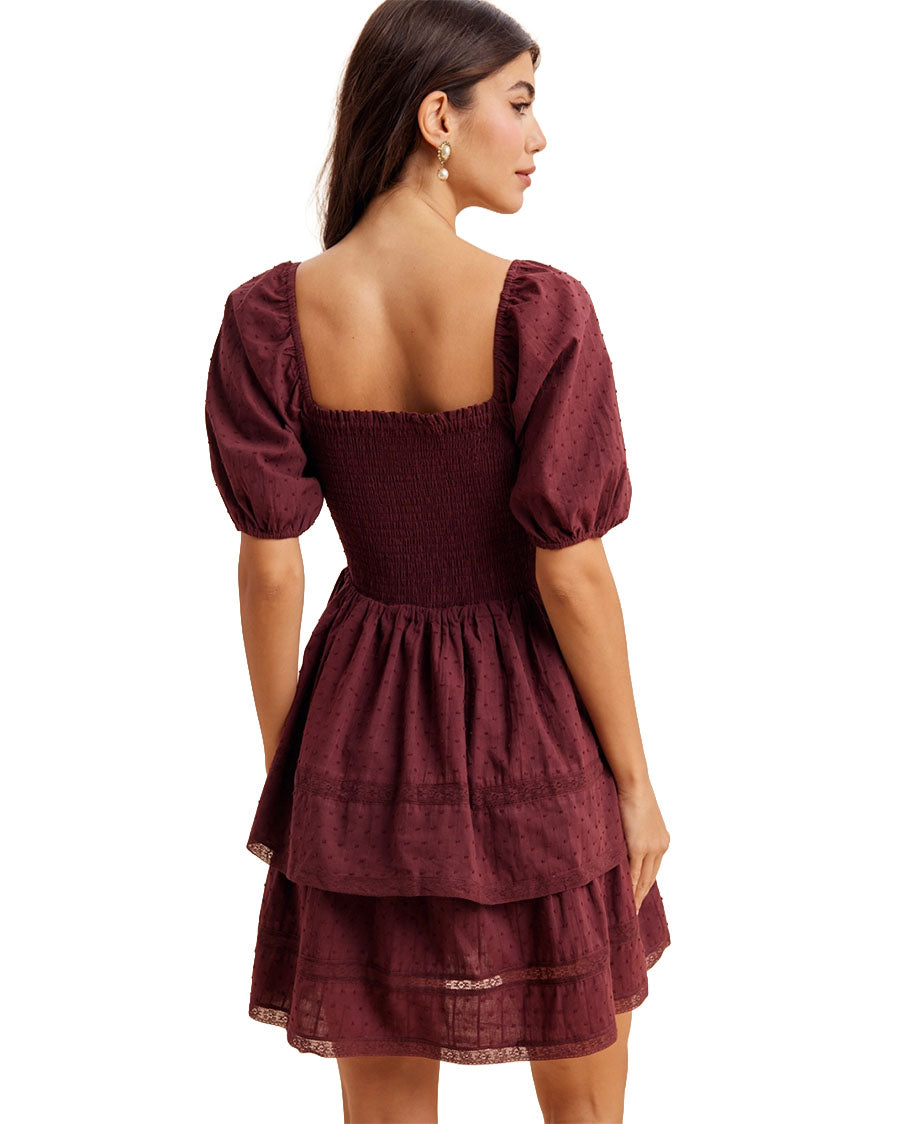 Women's Smocked Eyelet Tiered Mini Dress - Ild6998-Plum-Noir
