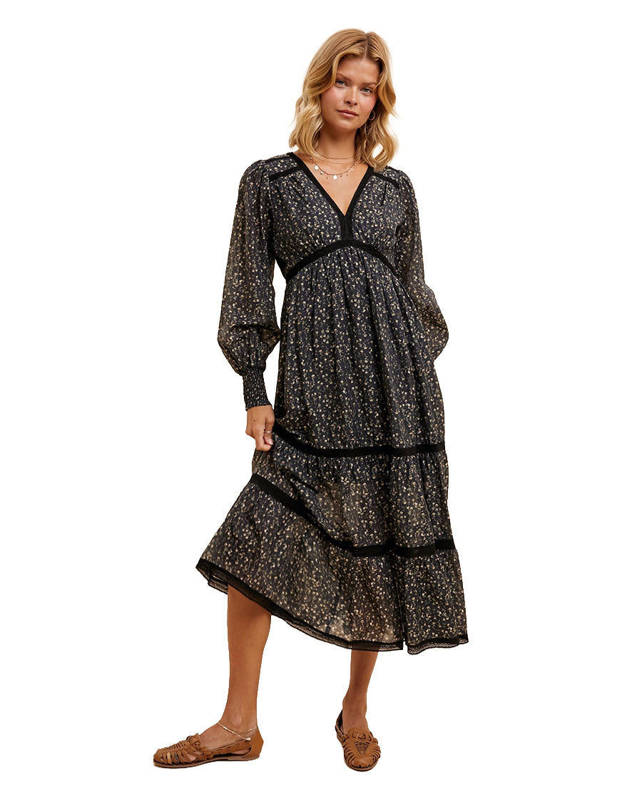 Women's Lace Trim Floral Midi Dress - Ild5857-A-Black-Floral