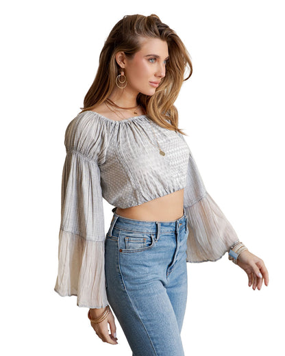 Women's Boho Off-The-Shoulder Patchwork Crop Top With Bell Sleeves - Tp56329-Grey
