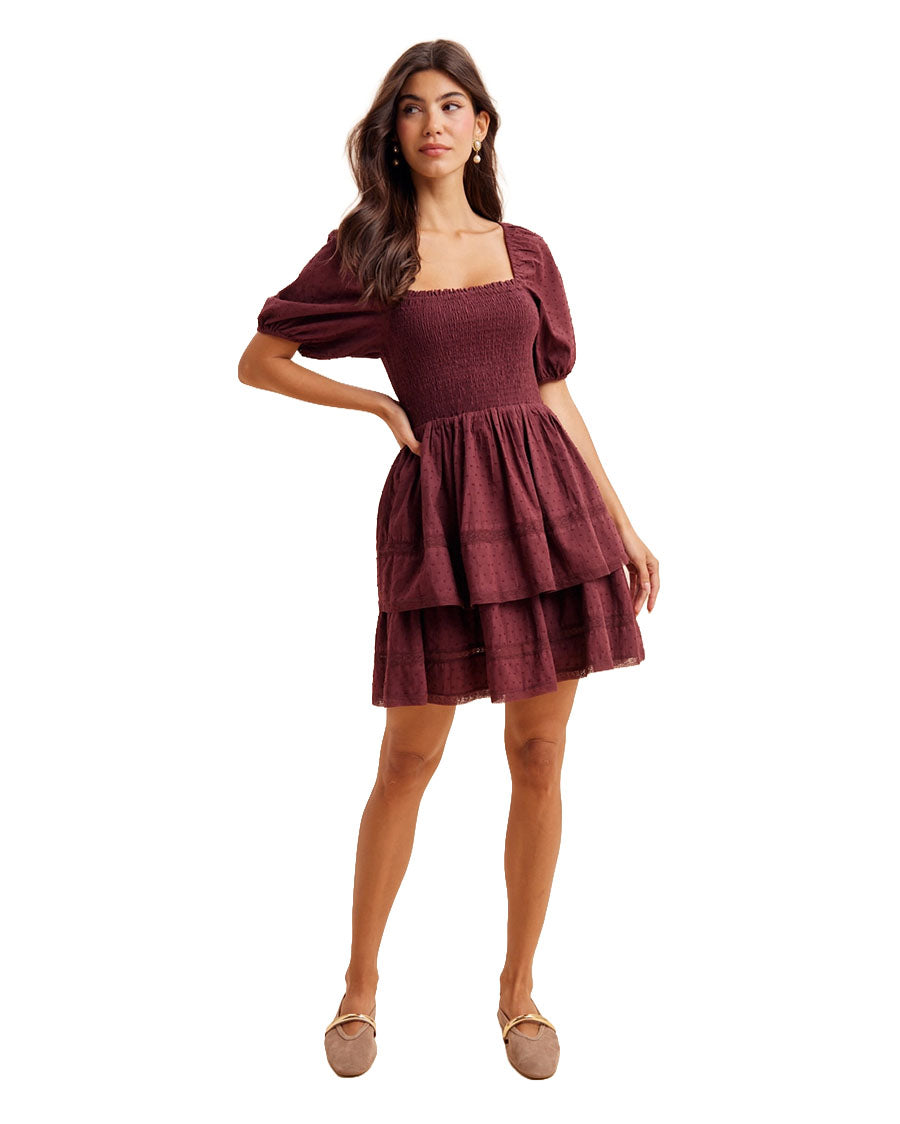 Women's Smocked Eyelet Tiered Mini Dress - Ild6998-Plum-Noir