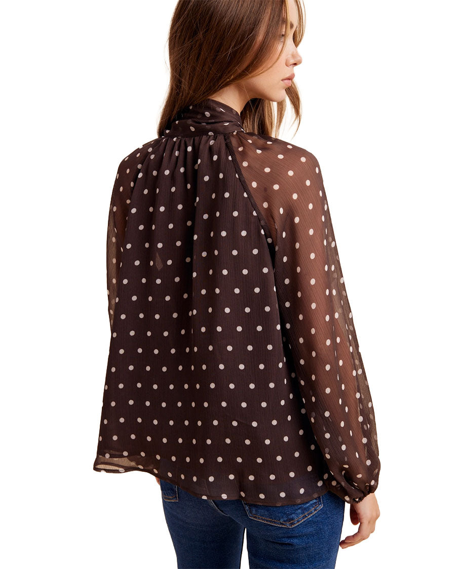 Women's Polka Dot Tie Neck Blouse - Il7097-Mocha