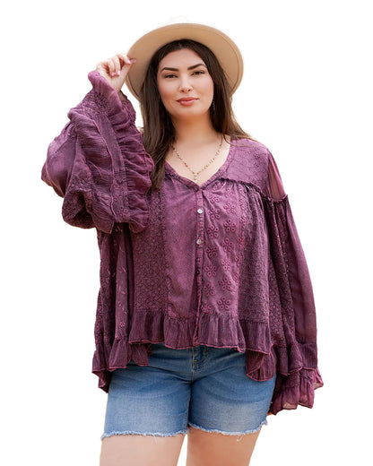 Women's Dreamy Sheer V-Neck Ruffled Button-Front Top - Tp56312-Mulberry