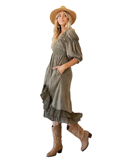 Women's Sheared & Elasticated V-Neck Dress - Dr23677-Gravel