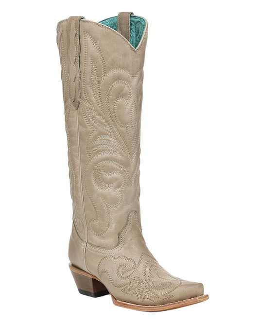 Women's Bone Curved Embroidery Pattern Tall Top Western Boots - Z5574