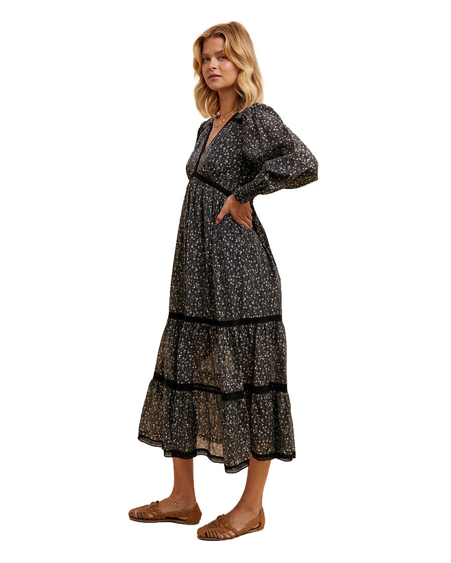 Women's Lace Trim Floral Midi Dress - Ild5857-A-Black-Floral