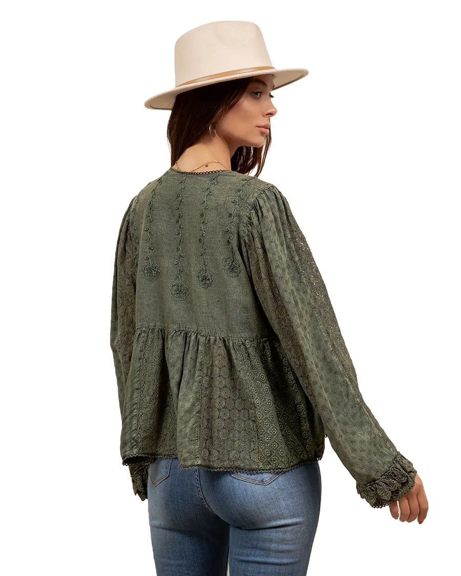 Women's Vintage Boho Embroidered Lace V-Neck Peplum Top - Tp56361-Basil