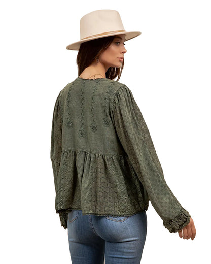 Women's Vintage Boho Embroidered Lace V-Neck Peplum Top - Tp56361-Basil