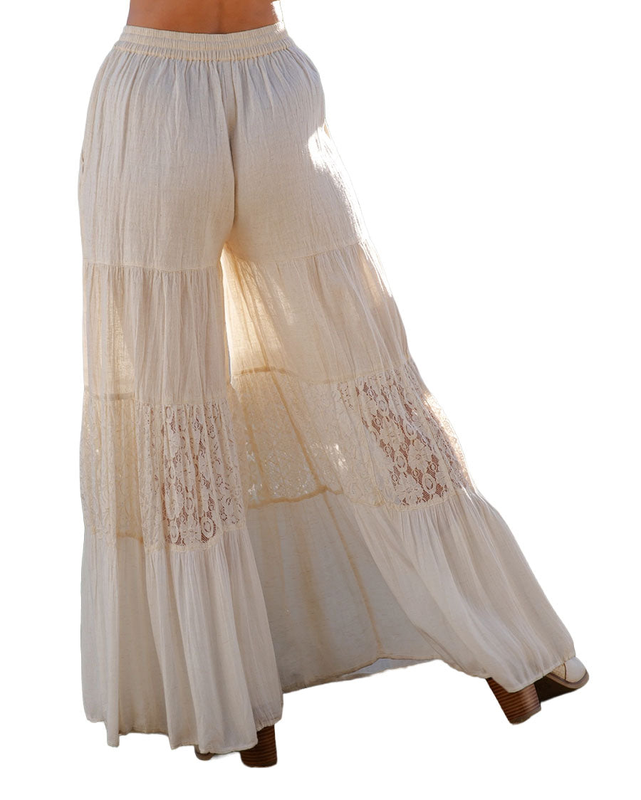 Women's Artisan Flax 4-Tier Patchwork Wide Leg Pants - Pa56705-Natural