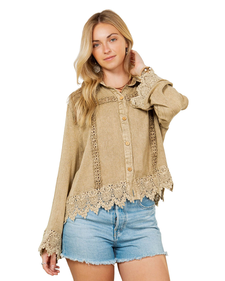 Women's Artisan Boho Lace Trim Button-Front Blouse Top - Tp44321-Latte