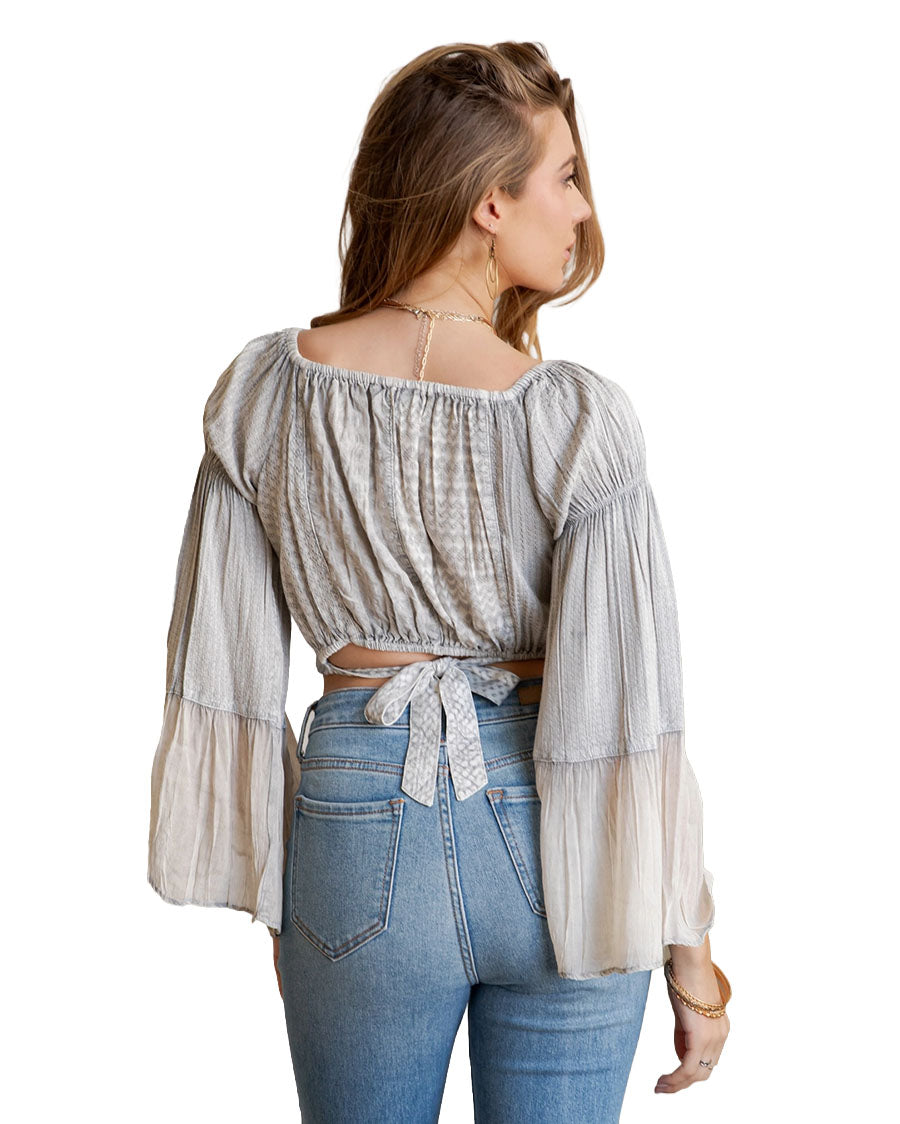 Women's Boho Off-The-Shoulder Patchwork Crop Top With Bell Sleeves - Tp56329-Grey