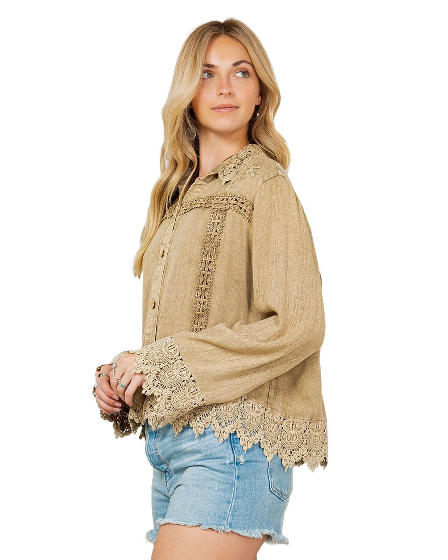 Women's Artisan Boho Lace Trim Button-Front Blouse Top - Tp44321-Latte
