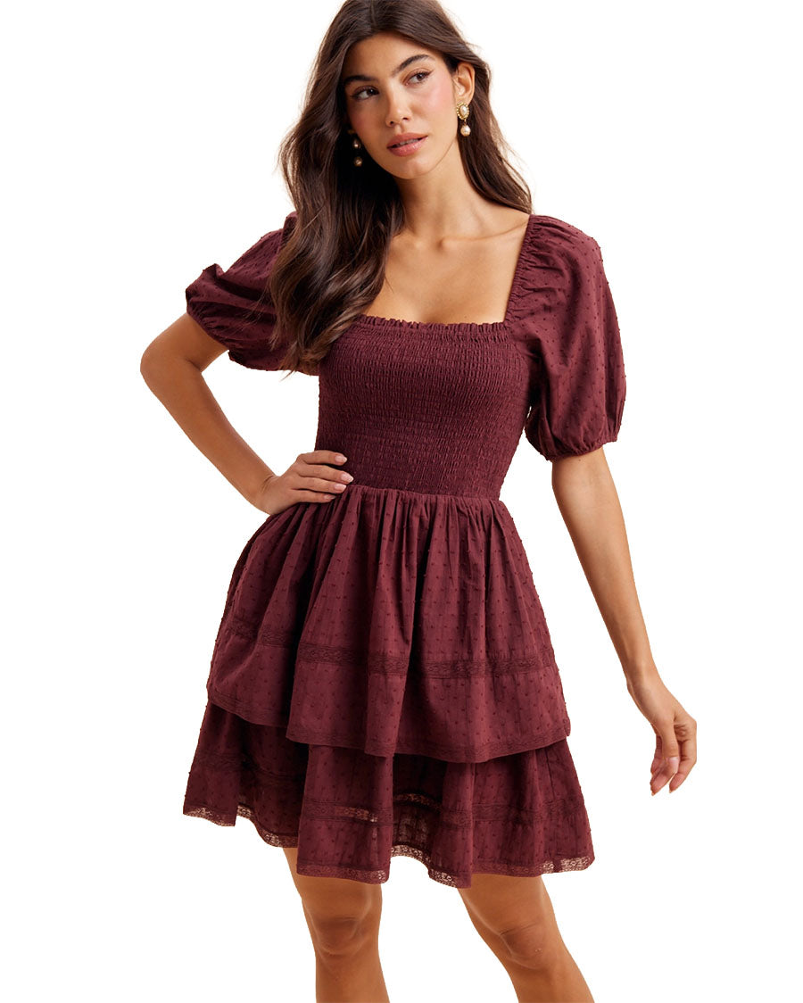 Women's Smocked Eyelet Tiered Mini Dress - Ild6998-Plum-Noir