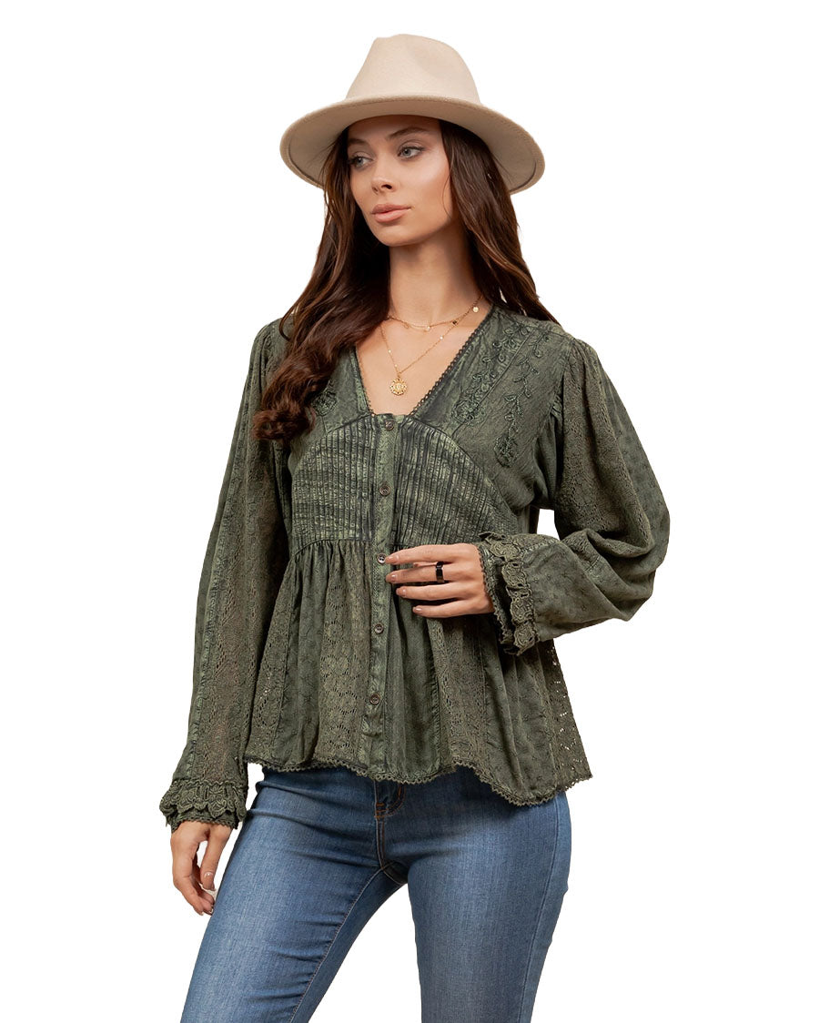 Women's Vintage Boho Embroidered Lace V-Neck Peplum Top - Tp56361-Basil
