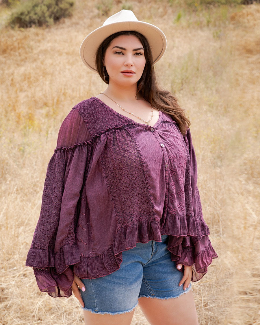 Women's Dreamy Sheer V-Neck Ruffled Button-Front Top - Tp56312-Mulberry