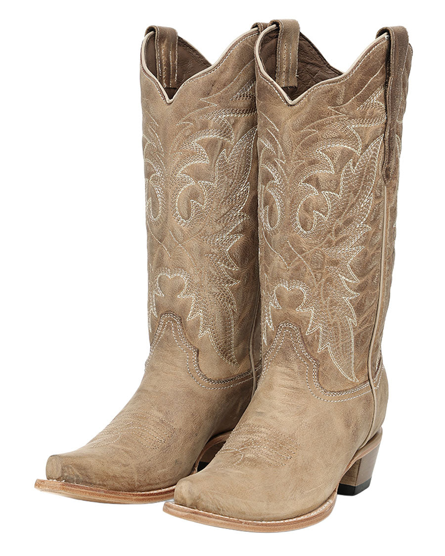 Women's Straw Leaft Embroidery Western Boots - L6417