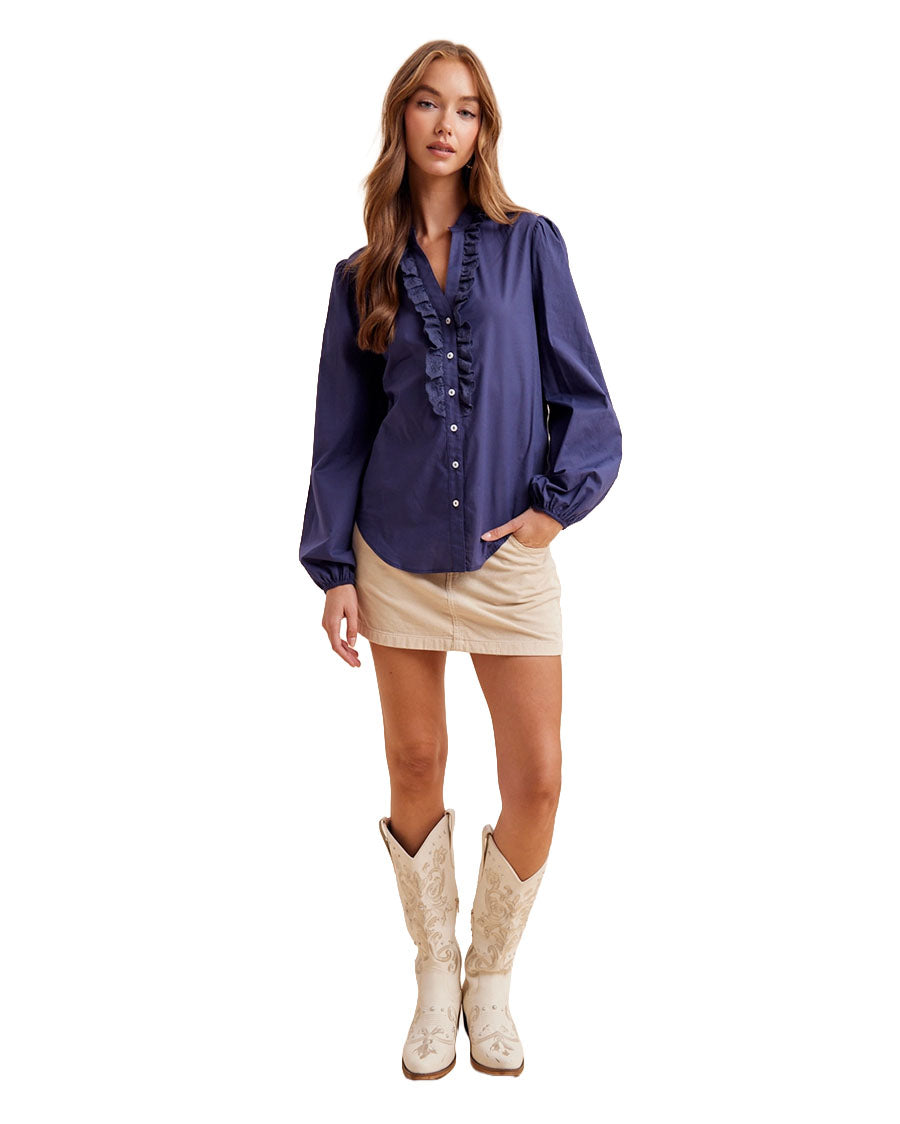 Women's Ruffled Cotton Blouse - Il7087-Dark-Navy
