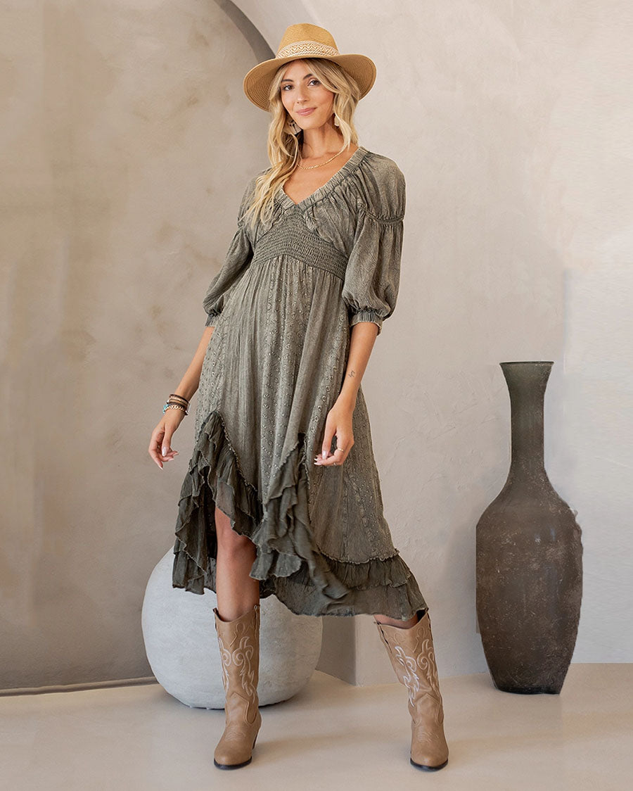 Women's Sheared & Elasticated V-Neck Dress - Dr23677-Gravel