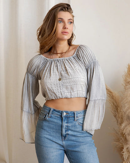 Women's Boho Off-The-Shoulder Patchwork Crop Top With Bell Sleeves - Tp56329-Grey