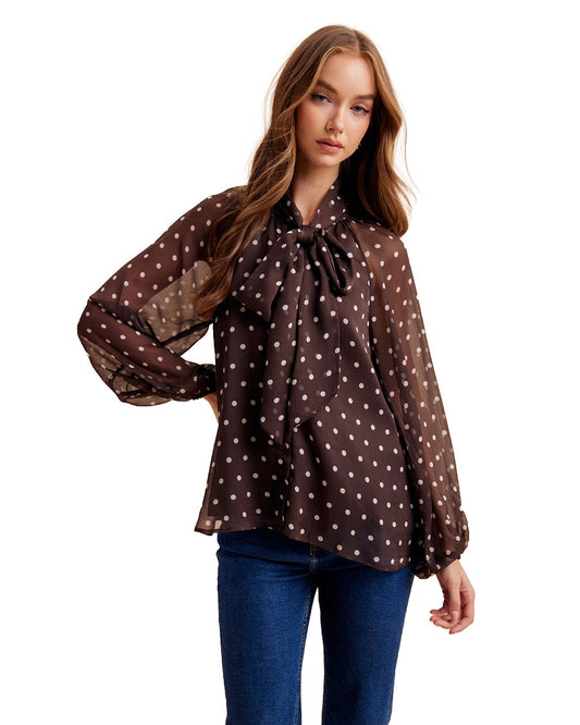 Women's Polka Dot Tie Neck Blouse - Il7097-Mocha