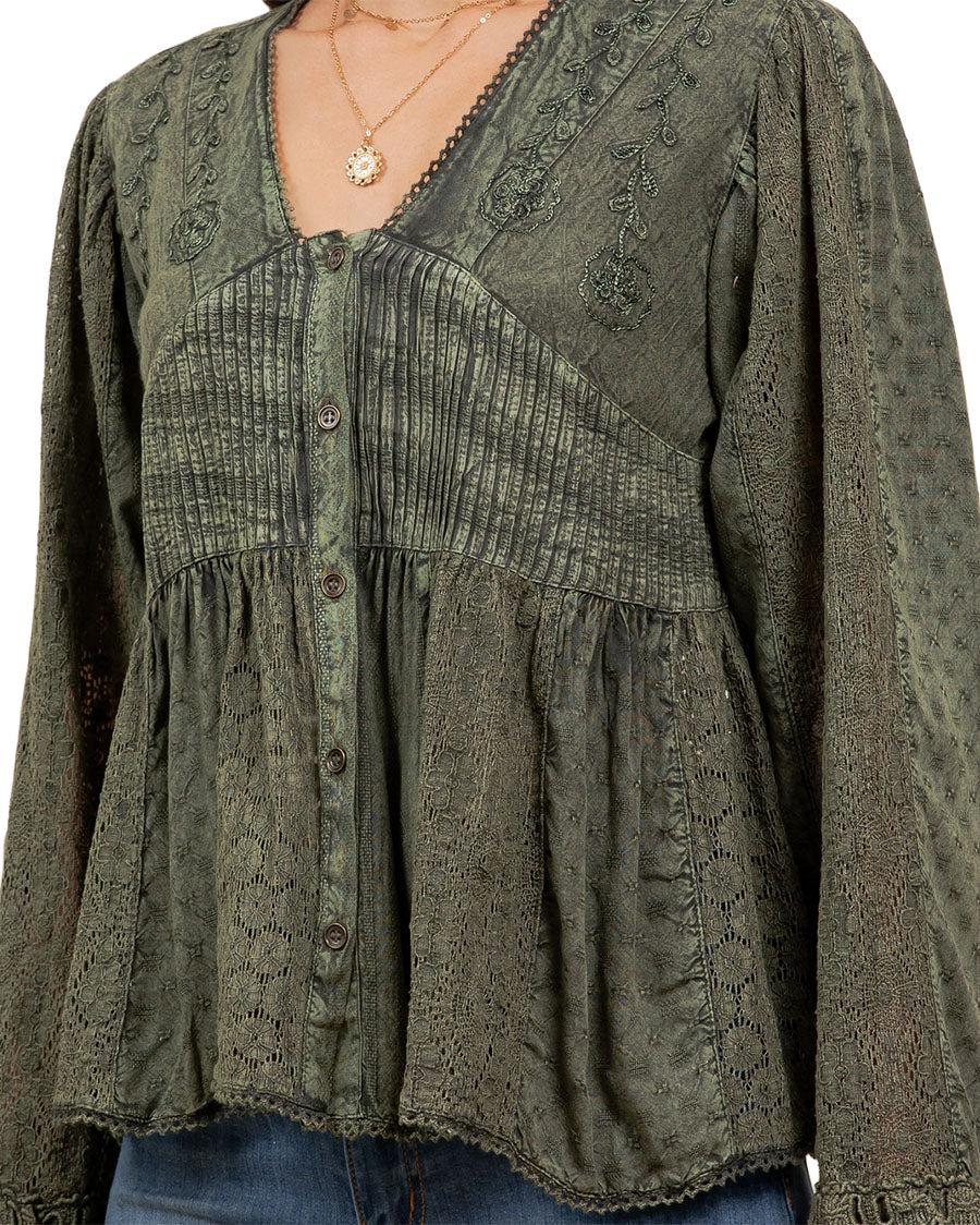 Women's Vintage Boho Embroidered Lace V-Neck Peplum Top - Tp56361-Basil