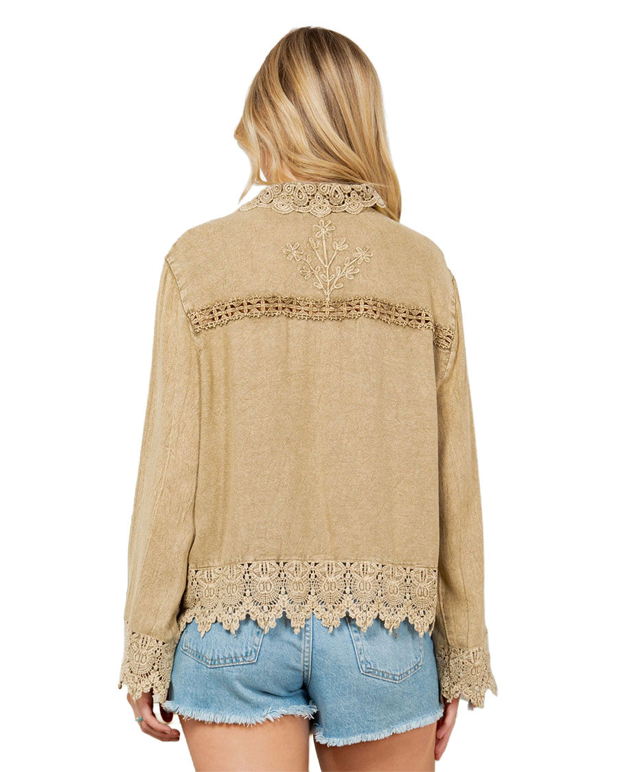 Women's Artisan Boho Lace Trim Button-Front Blouse Top - Tp44321-Latte
