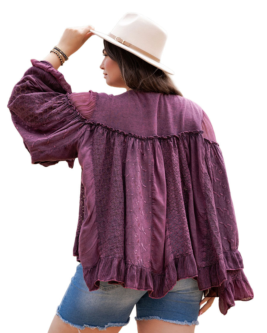 Women's Dreamy Sheer V-Neck Ruffled Button-Front Top - Tp56312-Mulberry